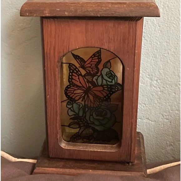 Vintage Wooden Box Stained Glass Butterfly Candle Holder - Picture 2 of 6